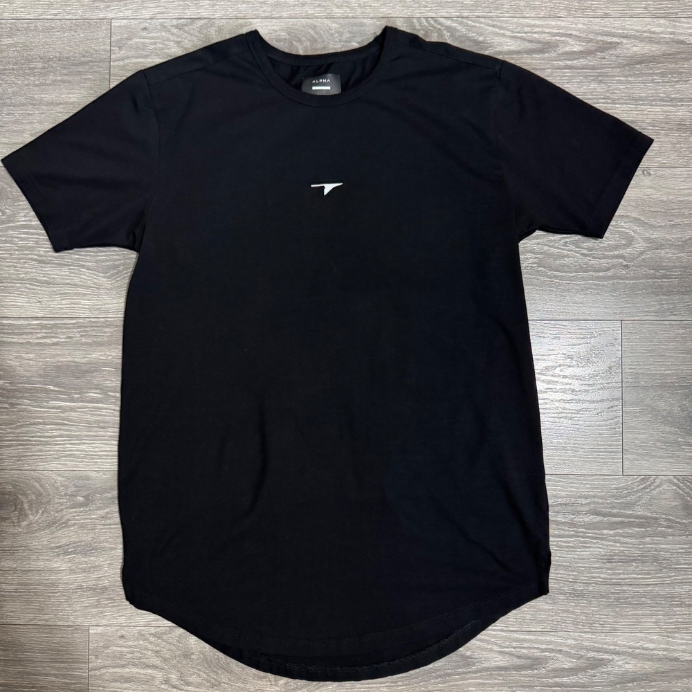 Alpha Mens Black Gym T-Shirt Large Short Sleeve Curved‎ Drop Hem Stretch Cotton